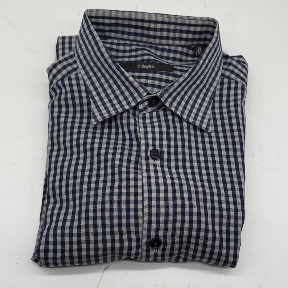 Z Zegna Navy and White Plaid Men's Shirt